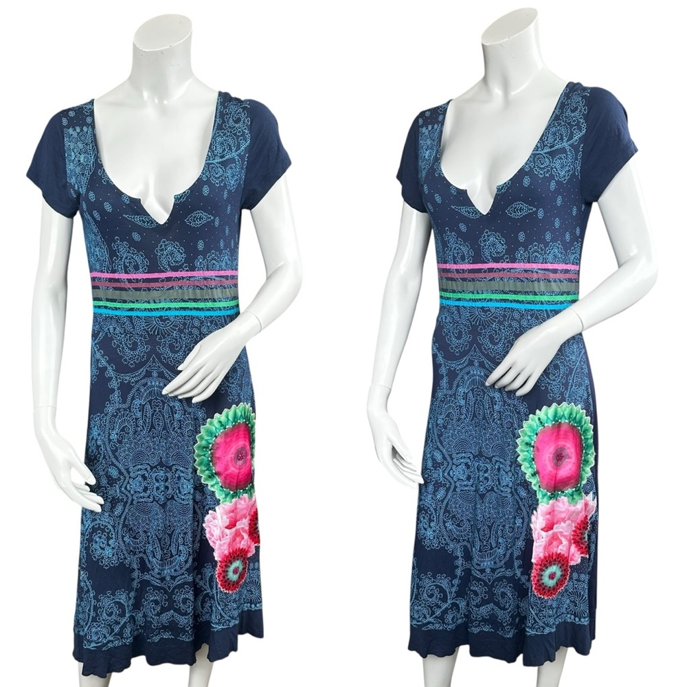 Desigual Navy Blue Embroidered Short Sleeve Floral Boho Dress Size Medium